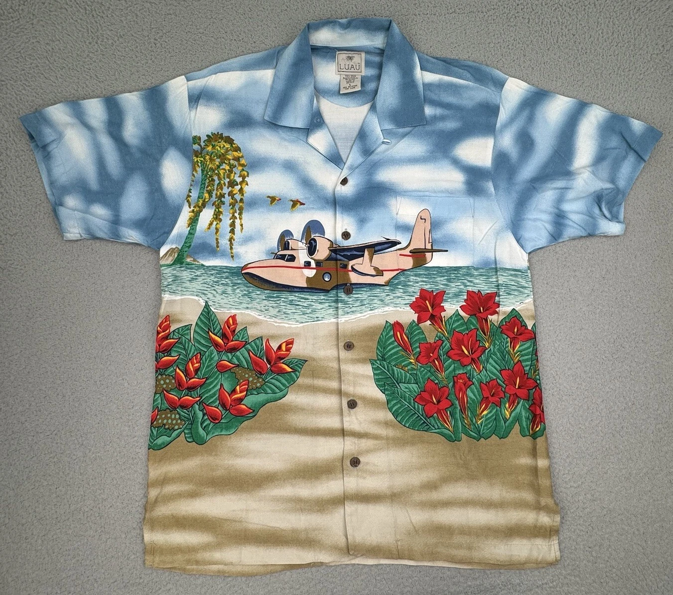 Luau Hawaiian Shirt Men's L Short Sleeve Tropical Beach Cruise Vacation Camp