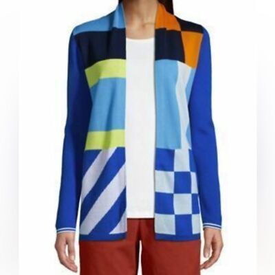 Lands End Multicolor Color Block Open Cardigan Blue Orange White Pockets  Artsy S
