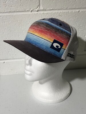 Costa Del Mar Trucker Mesh Snapback Hat Cap White Blue VGC Baseball Style 