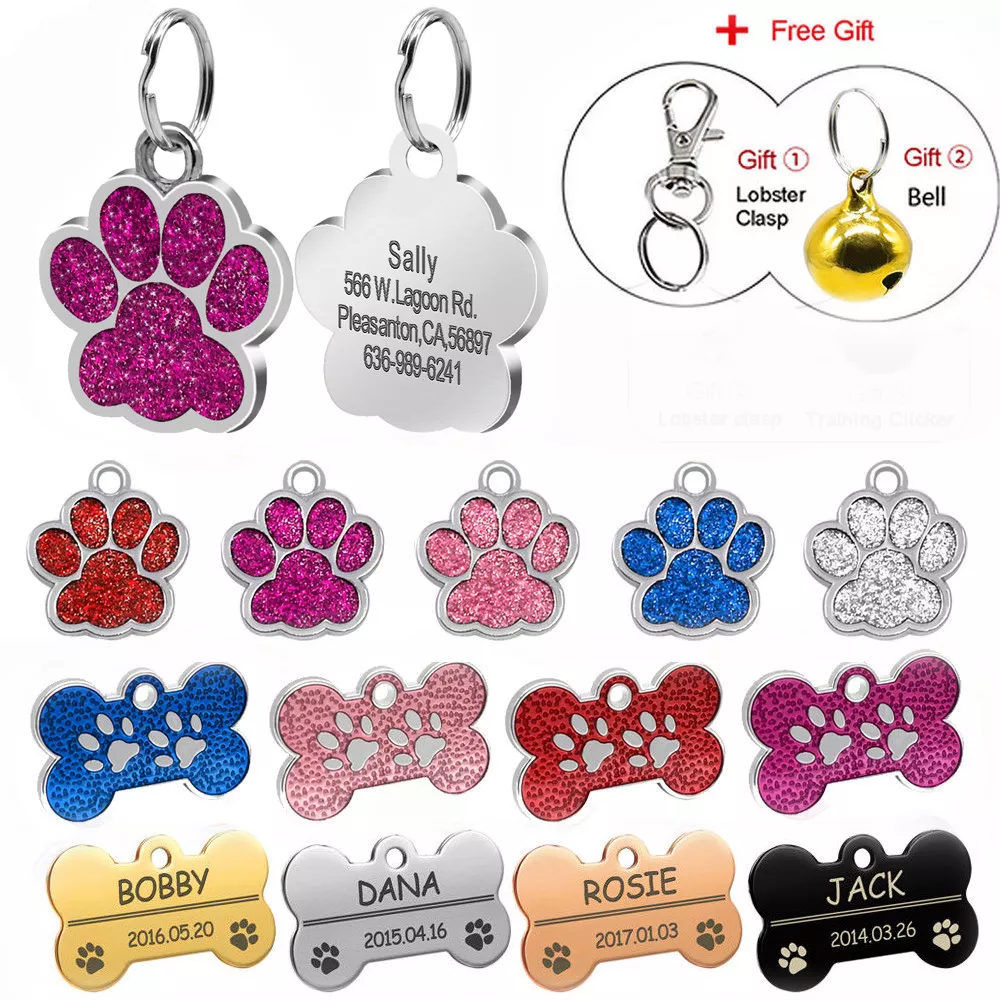 Glitter Paw Print Pet ID Tags in Stainless Steel