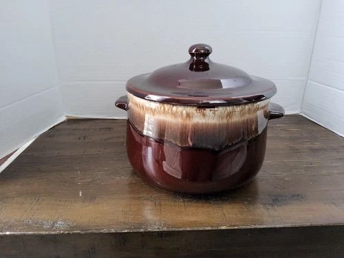 Vintage MCCOY BROWN DRIP BEAN POT w/Handles & Lid