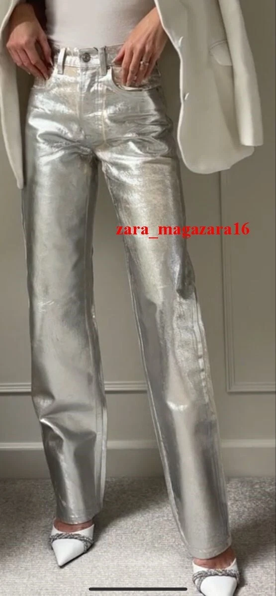 ZARA WOMAN NEW ZW THE BOY BOY TROUSERS SILVER METALLIC JEANS EUR