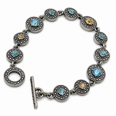 Vintage M4M Link Bracelet Blue Yellow Crystal Oxidized Silver Tone 7.5 