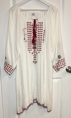Chic Connection 3X White Red Embroidered Women's Tunic cotton blend boho NWT