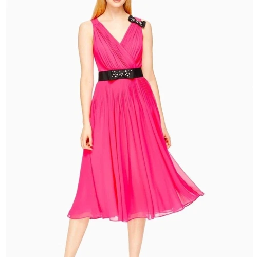 Abito midi KATE SPADE impreziosito con fiocco in chiffon rosa caldo taglia 6 {3U29}