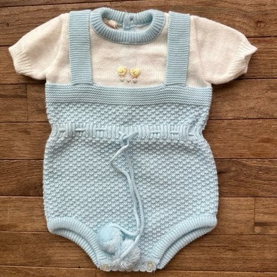 Renro Italian Vintage Outfit Baby Size 6-9 Blue Knit Romper Pastel Embroidered