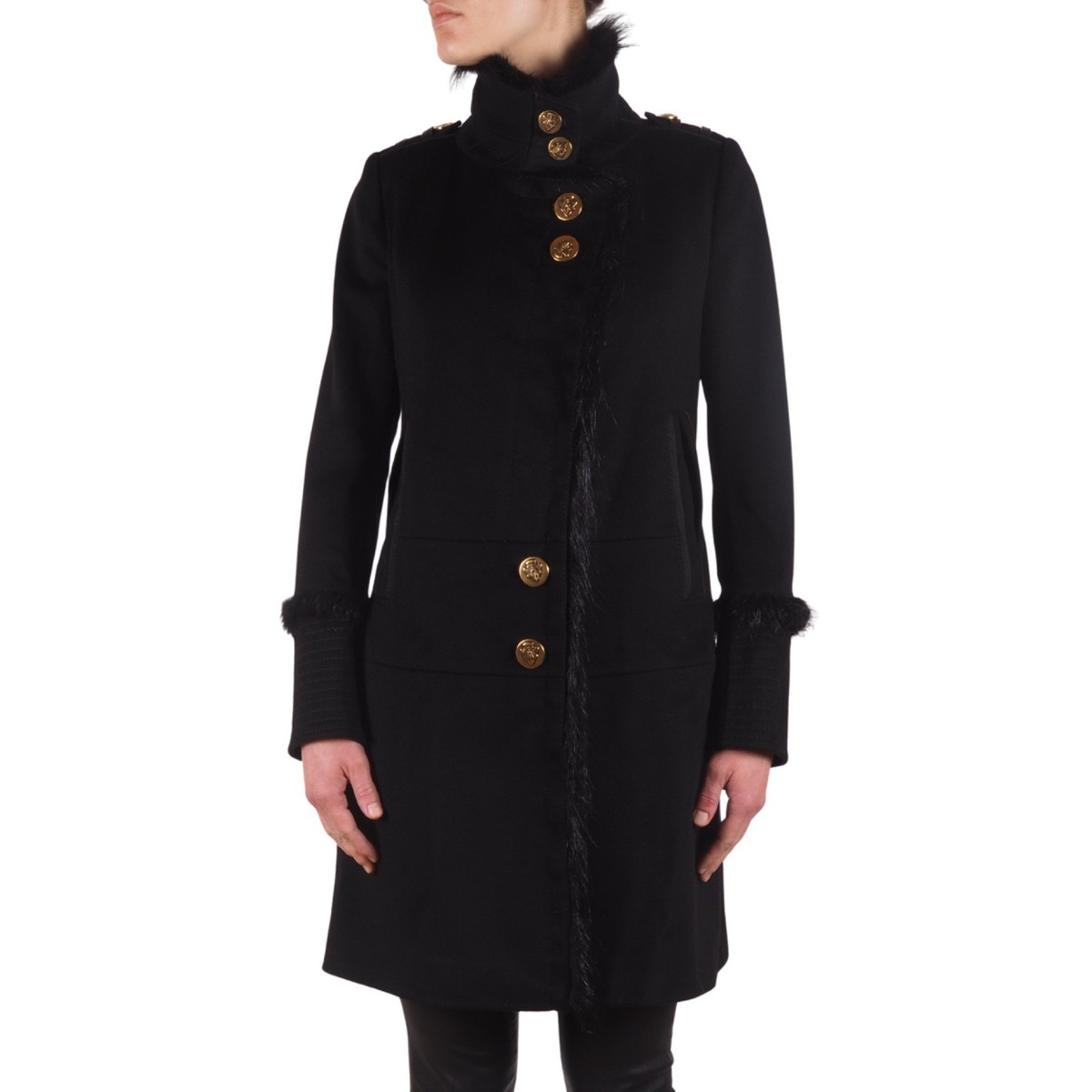 Gucci Vintage Women's Military Black Wool Fur Trim Gold Button
