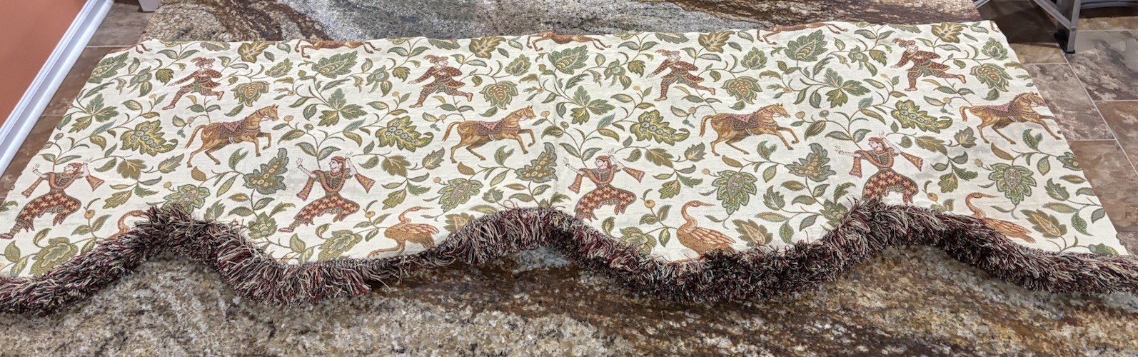 Vtg Custom Made Tapestry Valance Scalloped Fringe Asian Horse 53 X17