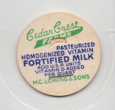Milk Bottle Cap- Cedar Crest Farms - H. C. Lowing & Sons -(Jenison, MI Michigan)