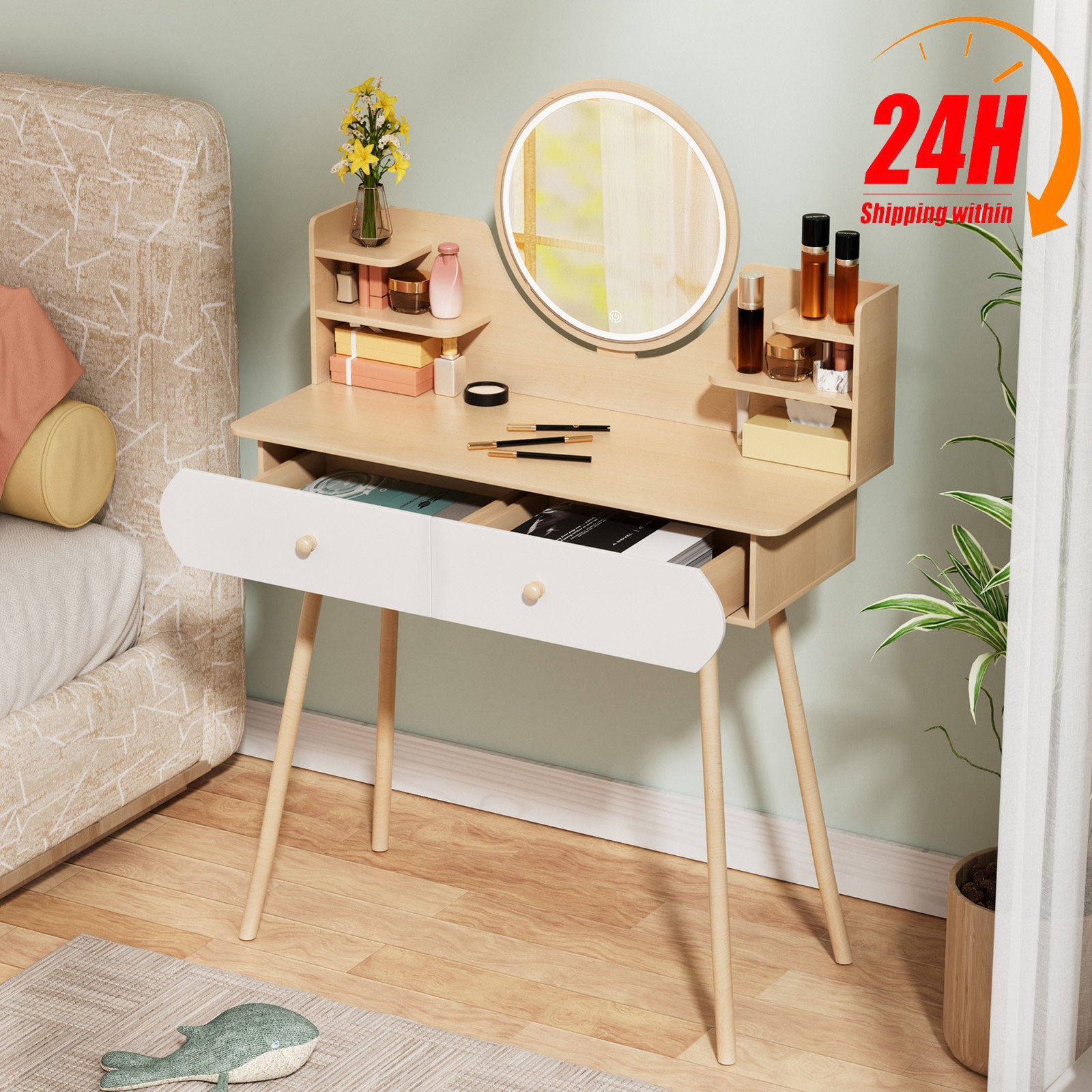 LED Makeup Vanity Table Set with 3 Modes LED Mirror and 2 Drawers Dressing Desk
