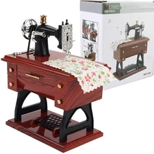 Sbolang Vintage Mini Sewing Machine Music Box, European Retro Wood Grain 