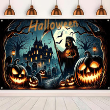 Halloween Banner 71x43 Inch Haunted House, Grinning Pumpkin, Grim Reaper with...