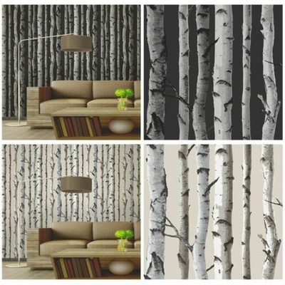 FINE DECOR BIRCH TREES 10m FOREST WALLPAPER - CREAM & SILVER + BLACK & silver