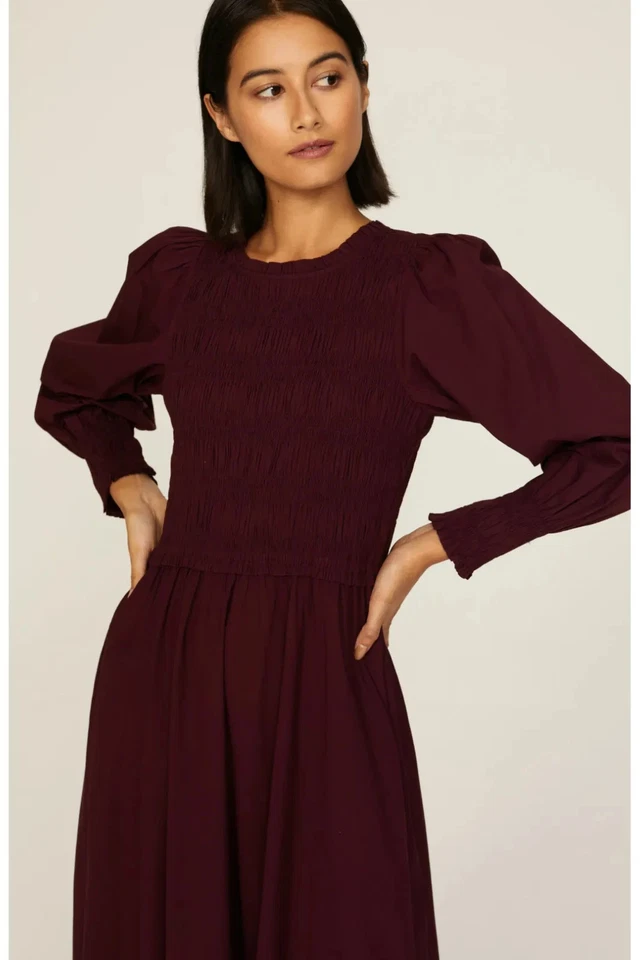 APIECE APART Altro Cotton Long Balloon Sleeve Maxi Dress Smocked Maroon Size M - Image 4 of 4