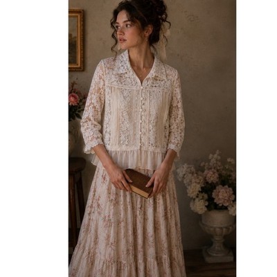 Cream Floral Lace Button Down Blouse Silk Blend Coquette Cottagecore Romantic