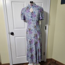 Karin Stevens vintage Maxi Dress Floral Blue Purple Rayon Tie Waist Women’s 10