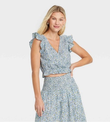 Women's Flutter Sleeveless Cropped Wrap Top - Universal Thread, Blue Floral, S