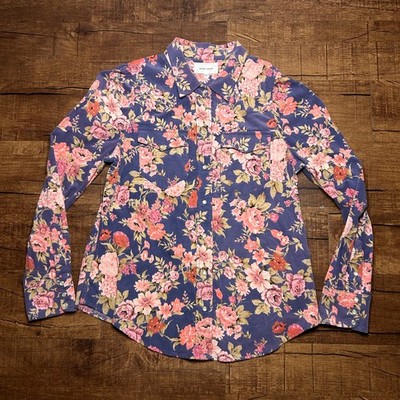Dear John Corduroy Pearl Snap Shirt Womens L Pink Blue Floral Western Cowgirl