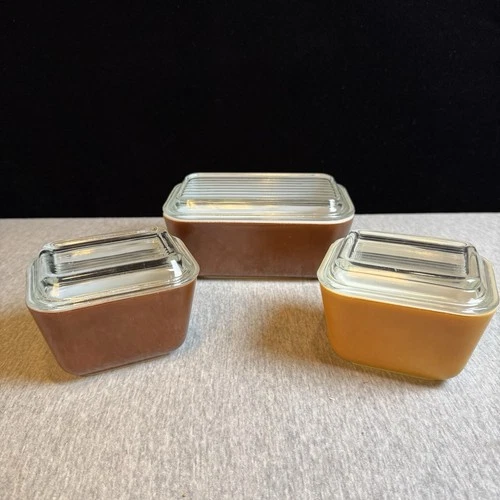 Vintage Pyrex Refrigerator Dish Set W/ Lids 501 502 Brown Orange 6pc Fridgies