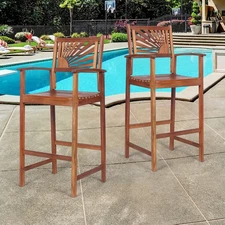 Patiojoy Set of 2 Bar Stools 29 in Acacia Wood Pub Chairs Outdoor w/ Armrests