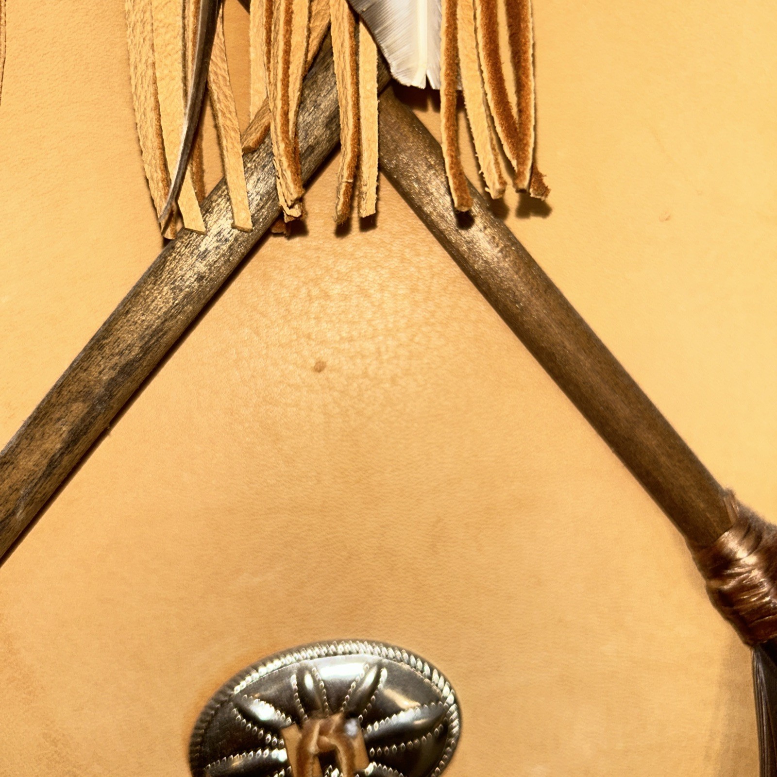 14" dia Tan Leather Medicine Man Shield w/ 2 Arrows & Medicine Bag Used