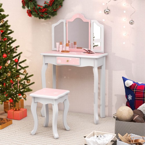 Kids Vanity Set Toddler Makeup Table & Stool w/ Tri-folding Mirror Drawer - Picture 5 of 12