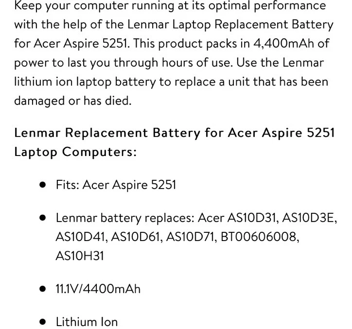 lenmar batería de repuesto para ordenadores portátiles acer aspire 5251 4400mAh Foto 2 de 4