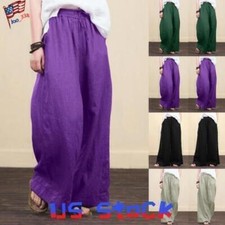 Plus Size Womens Cotton Linen Baggy Harem Pants Wide Leg Casual Palazzo Trousers
