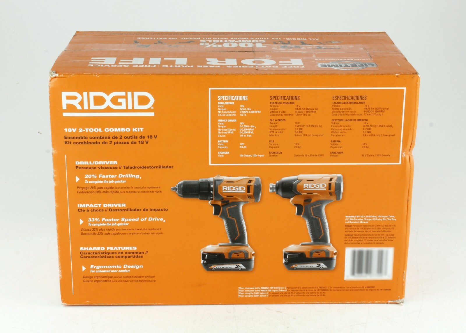 Ridgid R9272 18V Cordless 2-Tool Combo Kit with 1/2 in. Drill/Driver, 1/4 in. Impact Driver, (2) 2.0 Ah Batteries, Charger, and Bag