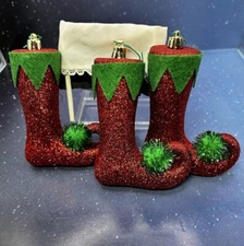 Set of Three Red & Green Glitter Elf Shoes Boots Christmas Ornaments