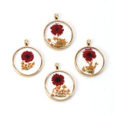 C 8PCS Gold Tone Real Dry Pressed Flower Resin Round Charm Pendant GXE07 2