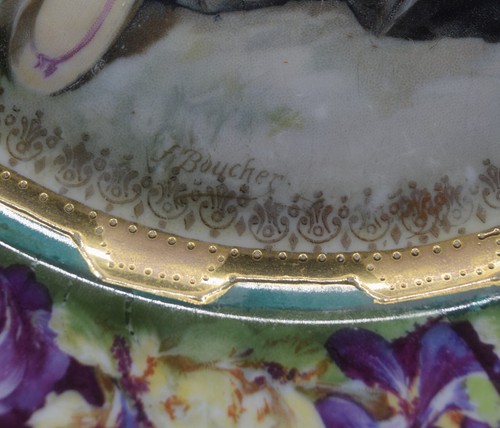 ANTIQUE PORCELAIN AFTER FRANCOIS BOUCHER TWO FEMALES SHEPHERDESS WITH LAMB PLATE - Picture 11 of 11