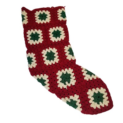 Vintage Granny Square Crochet Christmas Stocking Red Green Handmade Cottagecore