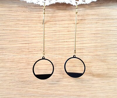 Black Moon Pendulum Earrings geometric Art Deco minimalist gold brass slim long
