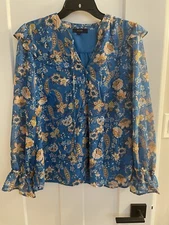 Eclair Blue Tie Neck Blouse Paisley Floral Print Ruffled Shoulders Women's Small