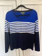 L-RL Active Long Sleeve Top Womens Blue White Stripe 100% Cotton Boat Neck Large