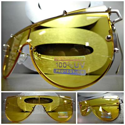 CLASSIC VINTAGE RETRO SHIELD Style SUN GLASSES Small Silver Frame Yellow Lens