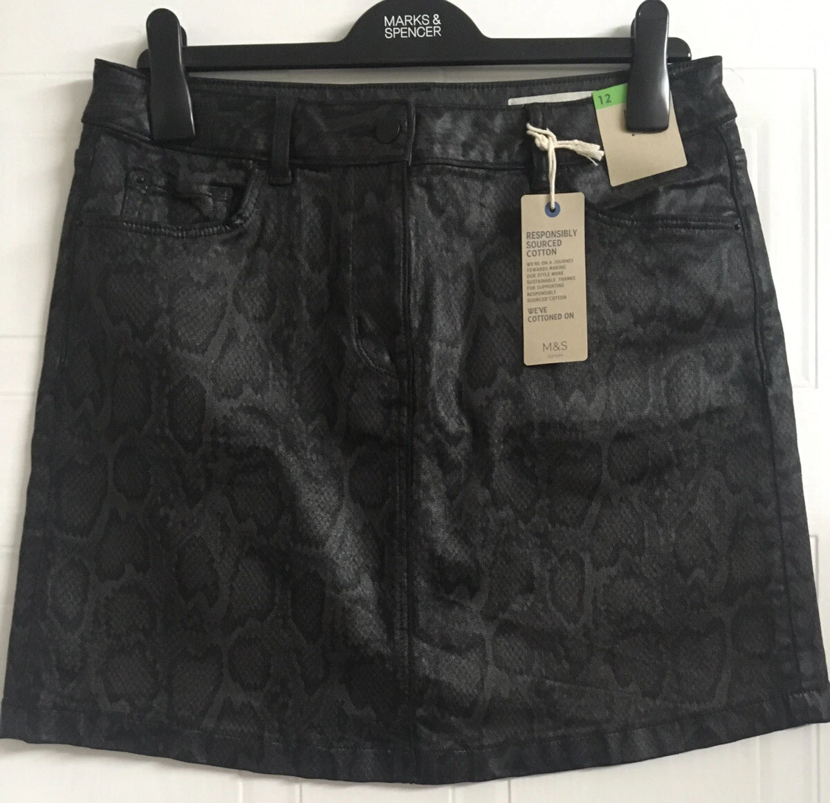 Marks Spencer M S Denim 5 Pocket Black Snake Print Mini Skirt 12