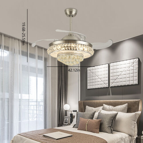 Luxury Invisible Ceiling Fan Light LED Crystal Chandelier Lamp 3-Color W/ Remote - Picture 24 of 50