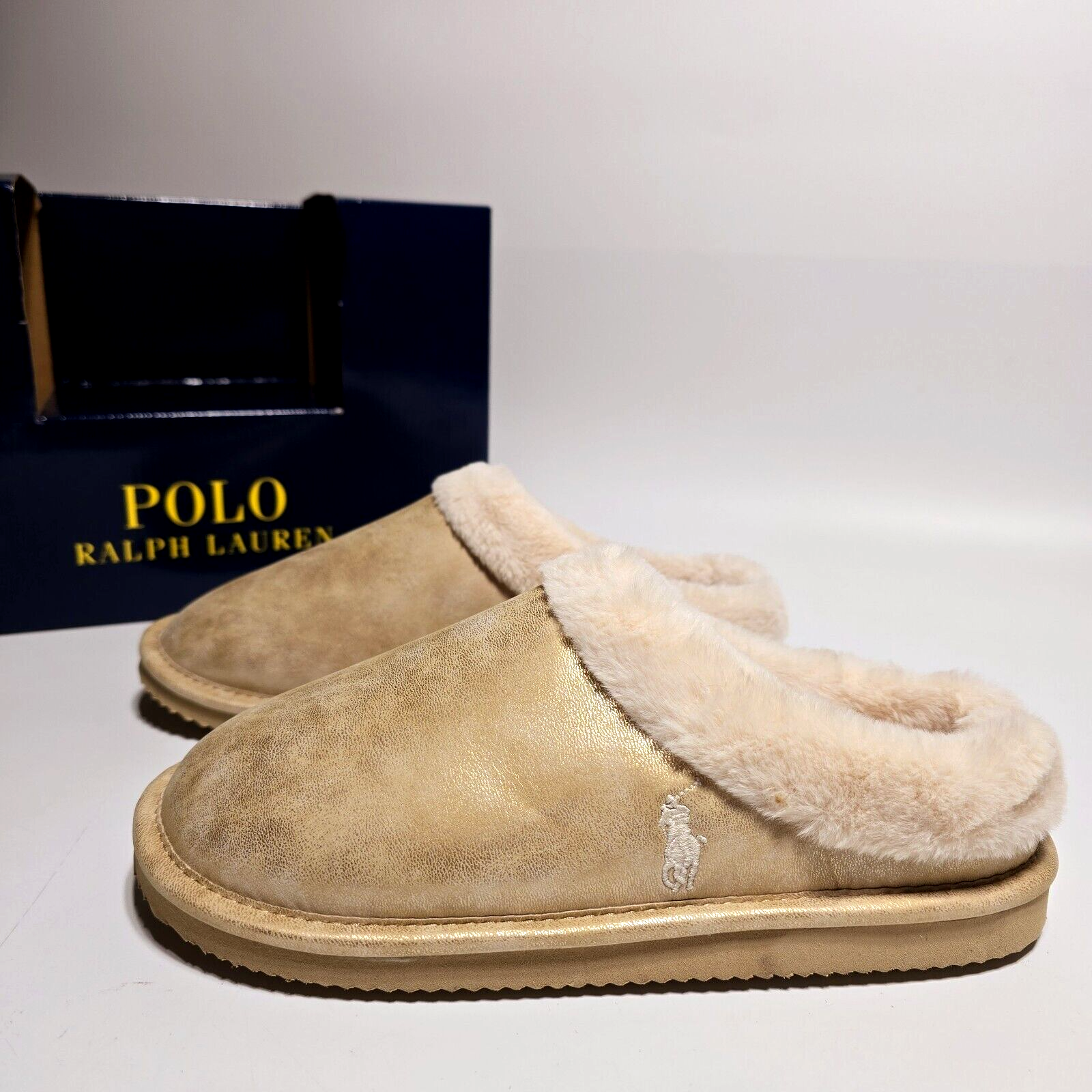 PANTOFOLA D’ORO Nuove ciabatte Polo Ralph Lauren donna Charlotte marrone oro pile