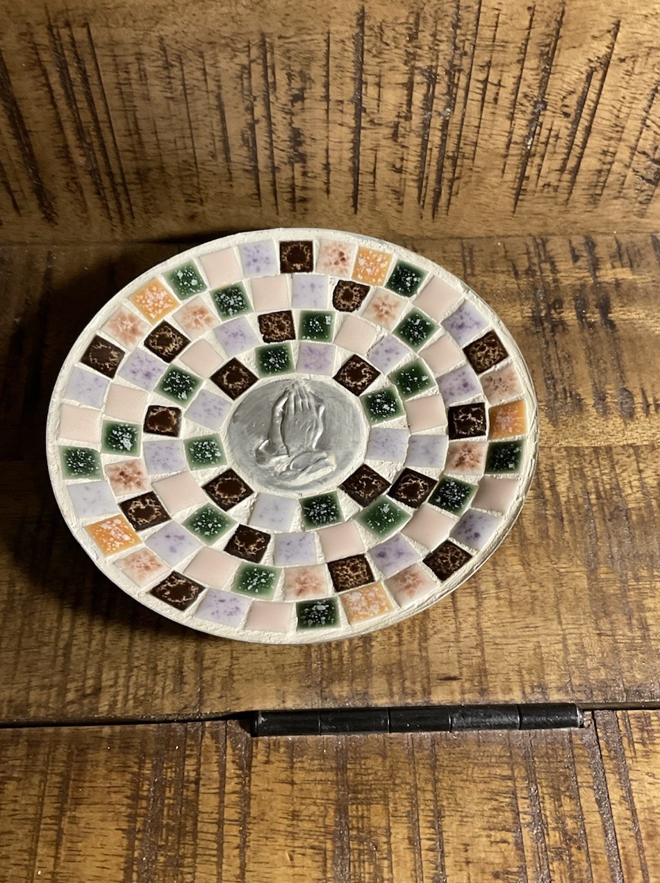 Vintage Mosaic Tile Trinket Dish / Ash Tray MCM Praying Hands