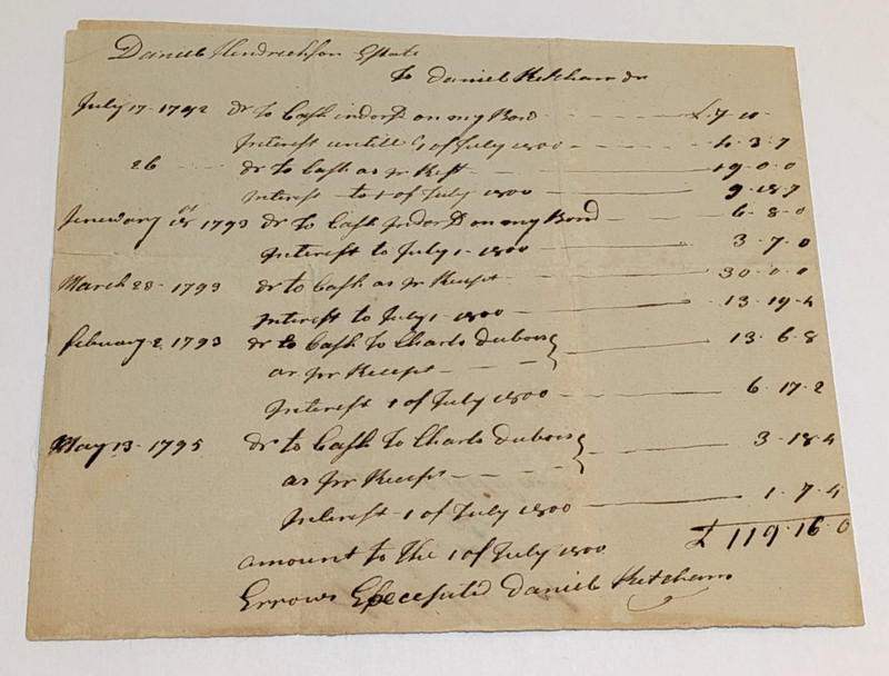 1791–1800 Estate Ledger Daniel Henderson Hendrickson Early American Account