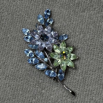 Vintage Trifari Pastel Crystal Floral Spray Brooch 1950s Blue Green Rhinestone