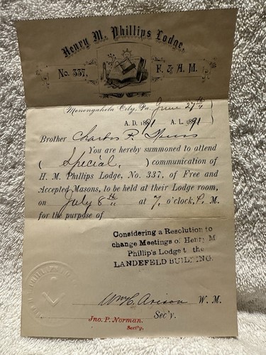 Monongahela City, PA - Masonic Lodge 337 Henry M. Phillips Lodge Memo 1891