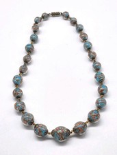 Vtg Italian Venetian Murano Wedding Cake Blue Foil Art Glass Beaded Necklace