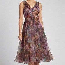 THEIA Floral Organza Tea Length Midi Dress Watercolor Print Size 4 NWT $745