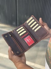 Men  s Vintage Hunter Leather Long Trifold Wallet RFID Biker Chain