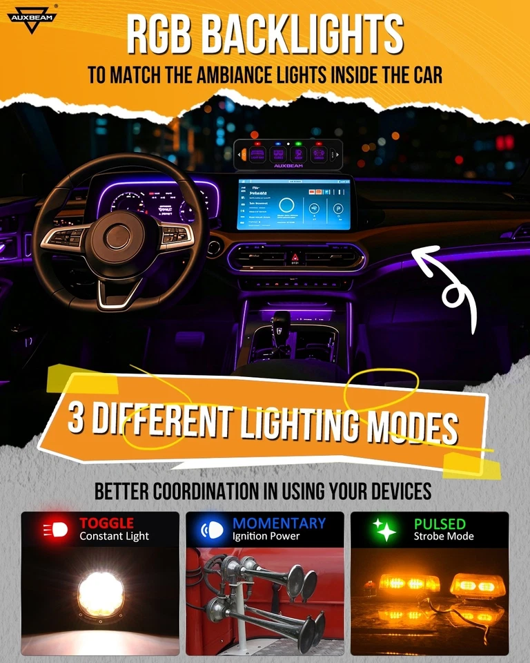 Panel de interruptor de luz LED AUXBEAM 4 velocidades AS-R40 RGB para Jeep Cherokee XJ 1984-2001 Foto 4 de 4