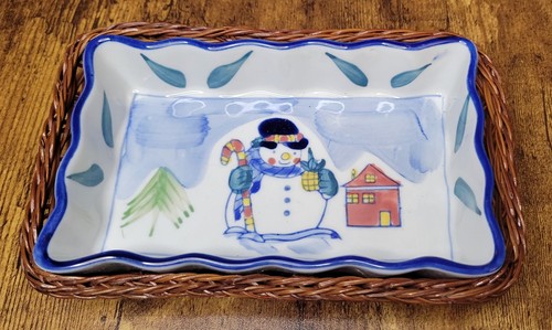Porta caramelle pupazzo di neve dipinto a mano in porcellana/ceramica con cesto di vimini - Foto 13 di 17