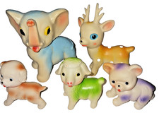 Lote De 5 Cabezas Giratorias Juguetes De Goma De Colección Elefante Ciervo Cordero Perro Gato Años 60